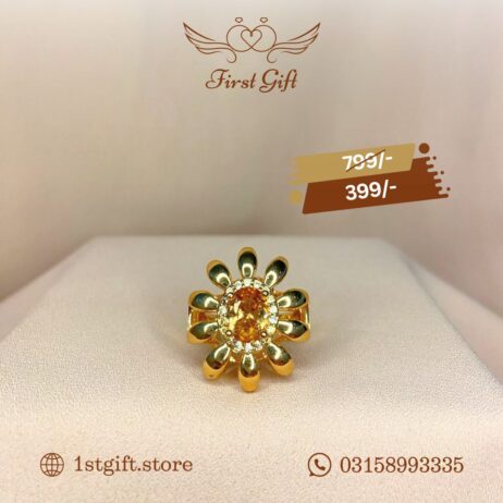 Gold-Plated Ring with Floral Design and Yellow Center Stone
